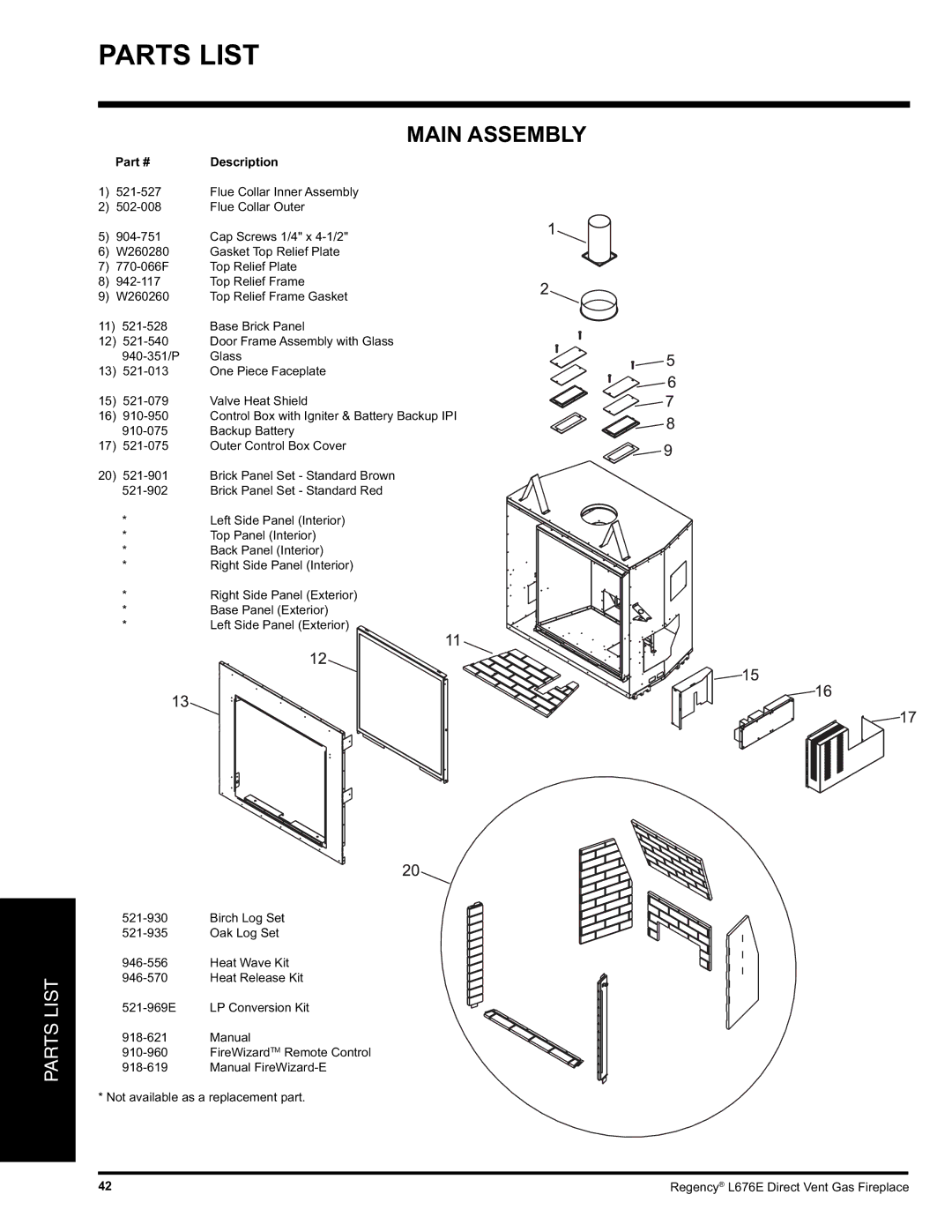 Regency L676E-LP, L676E-NG installation manual Parts List, Main Assembly, Description 