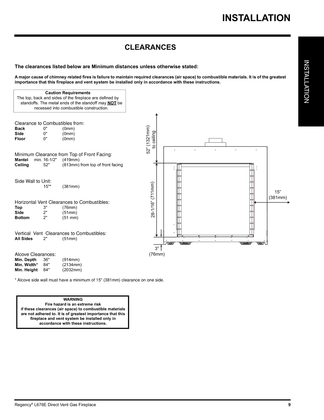 Regency L676E-NG, L676E-LP installation manual Clearances 