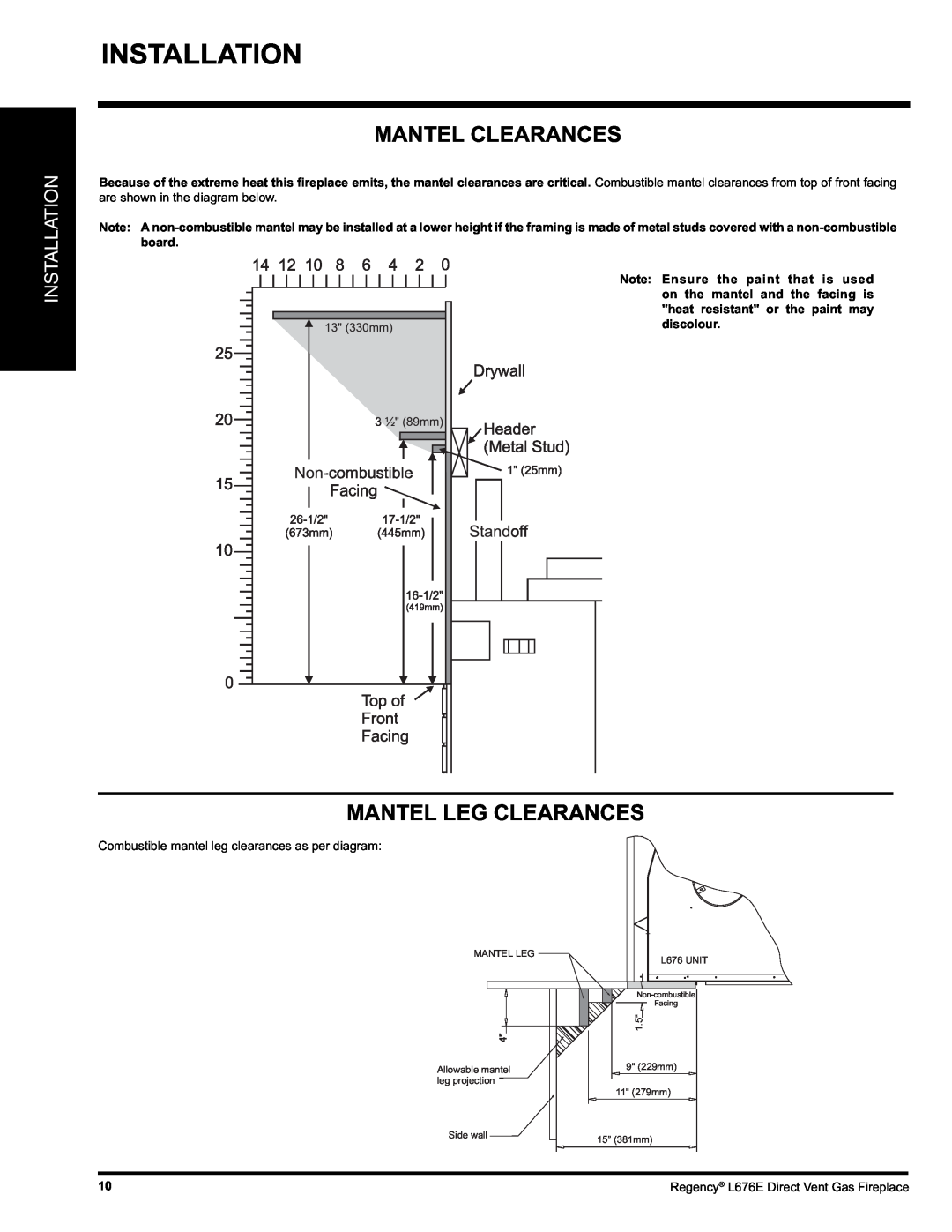 Regency L676E-LP, L676E-NG installation manual Installation, Mantel Clearances, Mantel Leg Clearances 