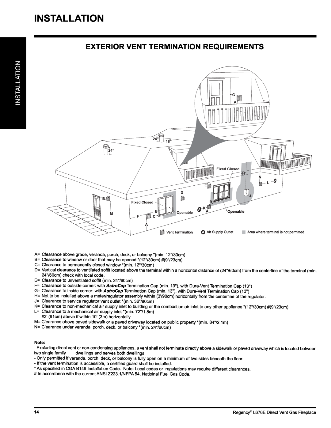 Regency L676E-LP, L676E-NG installation manual Installation, Exterior Vent Termination Requirements 