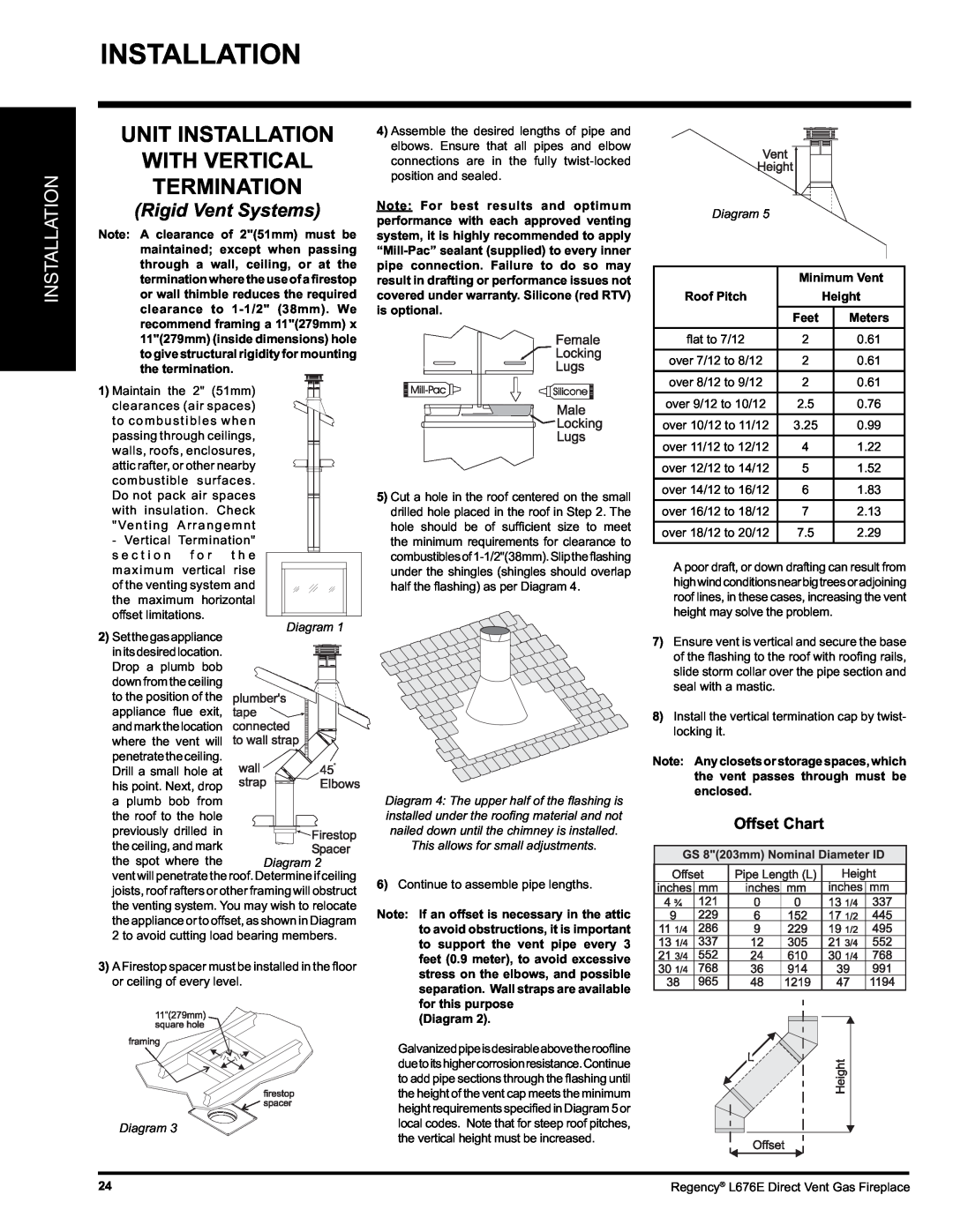 Regency L676E-LP Unit Installation With Vertical Termination, Rigid Vent Systems, Diagram, Minimum Vent, Feet 