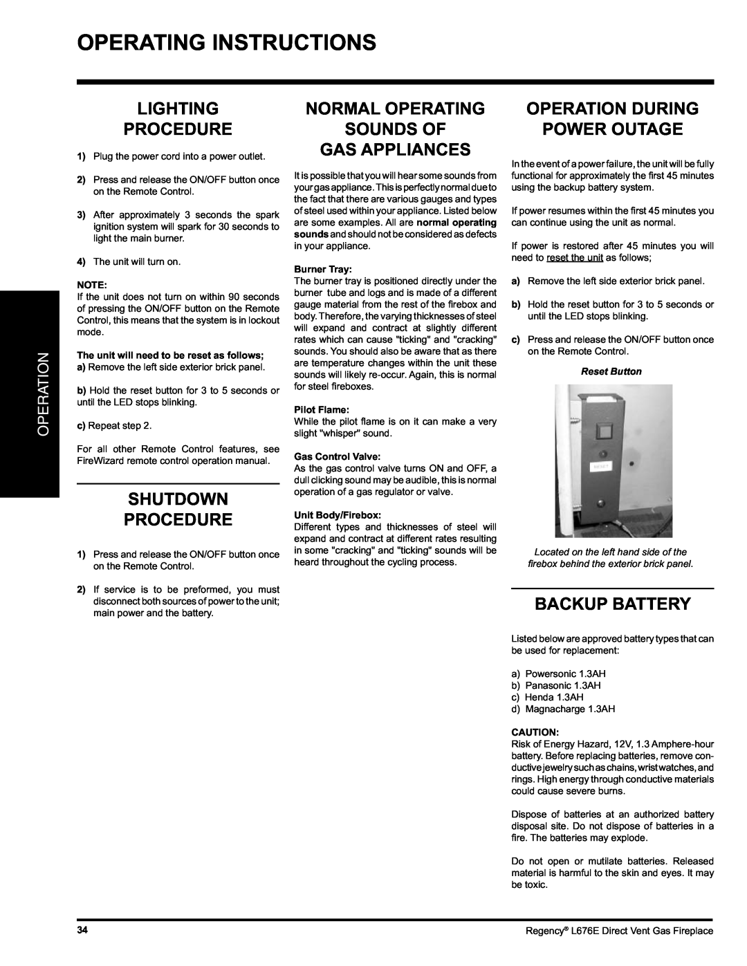 Regency L676E-LP Operating Instructions, Lighting Procedure, Shutdown Procedure, Normal Operating Sounds Of Gas Appliances 