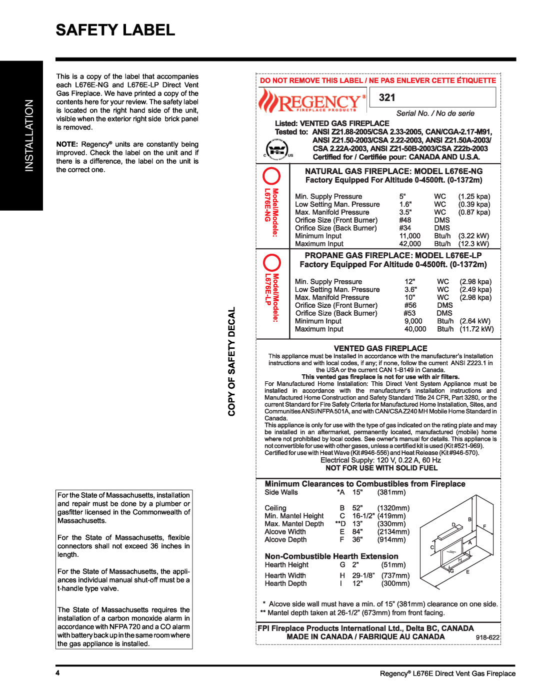 Regency L676E-LP, L676E-NG installation manual Safety Label, Installation 