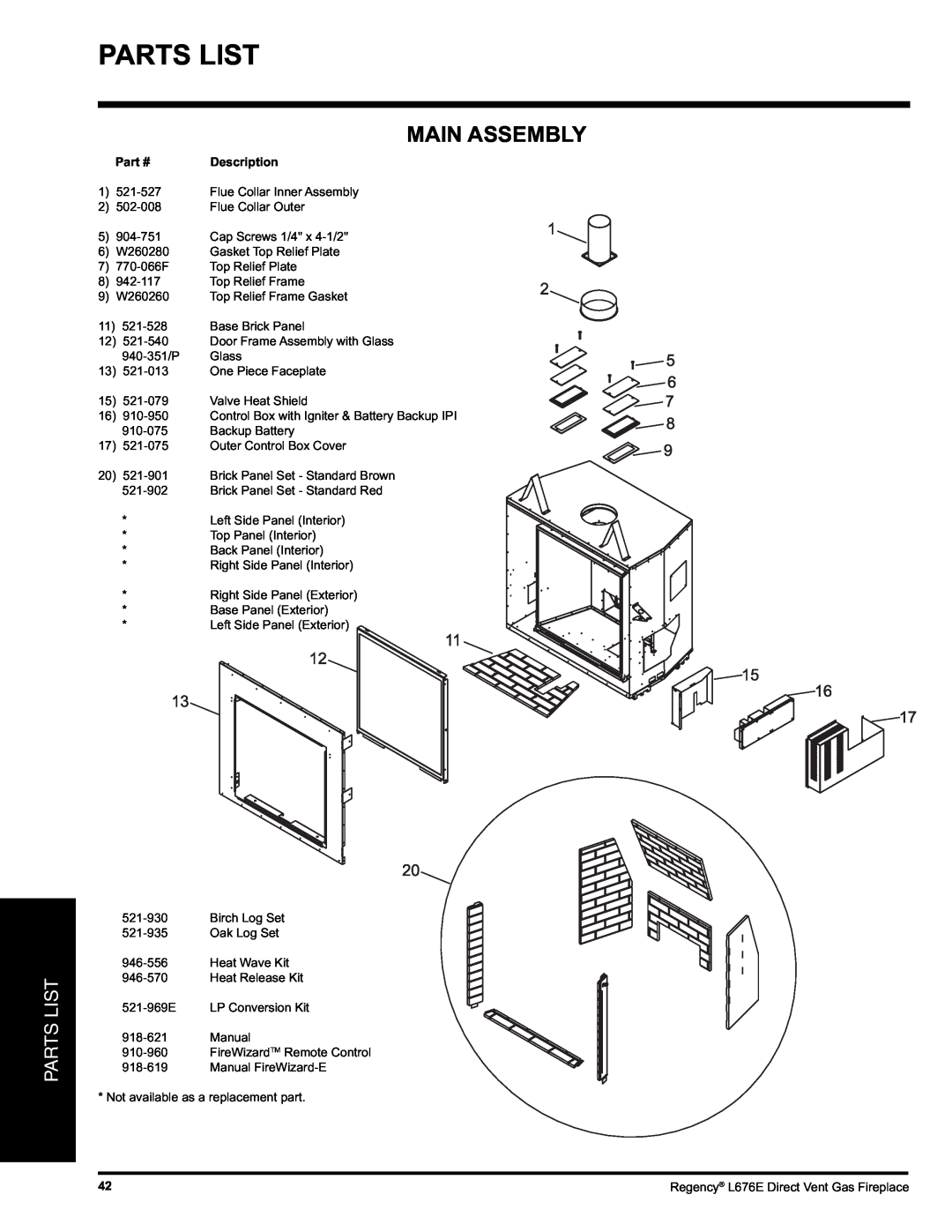 Regency L676E-LP, L676E-NG installation manual Parts List, Main Assembly, Description 