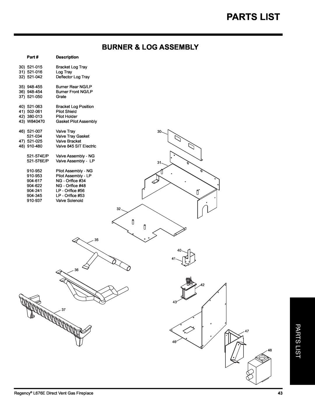 Regency L676E-NG, L676E-LP installation manual Parts List, Burner & Log Assembly, Description 