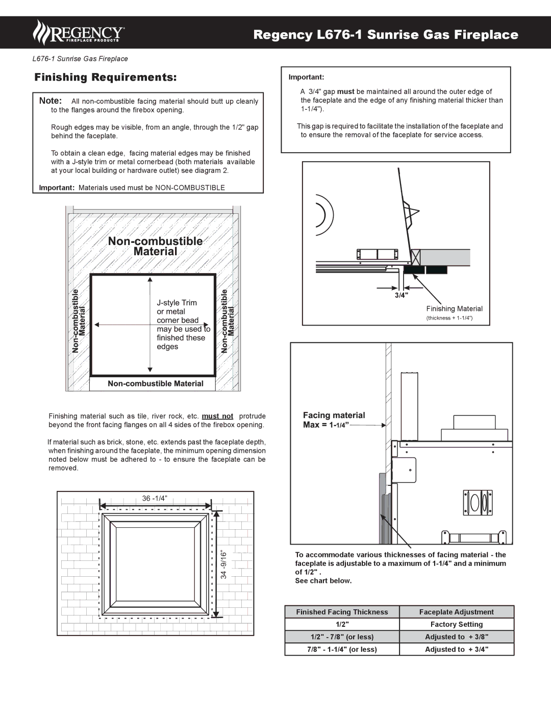 Regency L676S-LP1, L676S-NG dimensions Finishing Requirements, + 3/8, + 3/4 