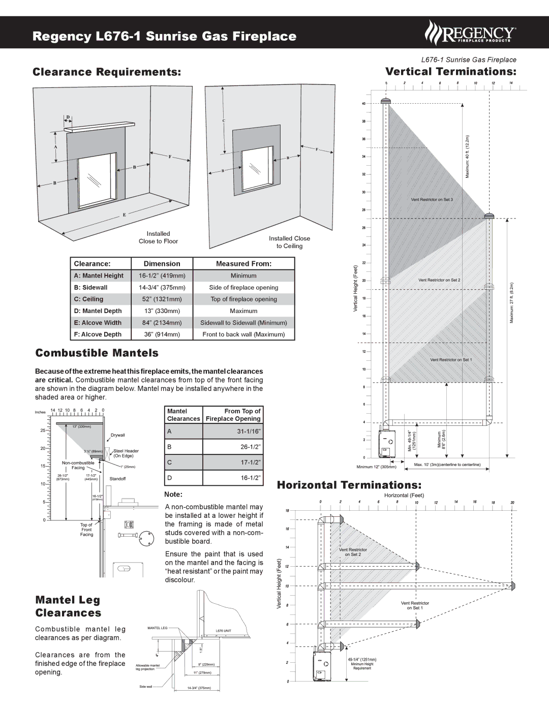 Regency L676S-NG Combustible Mantels, Mantel Leg Clearances, Horizontal Terminations, Clearance Dimension Measured From 