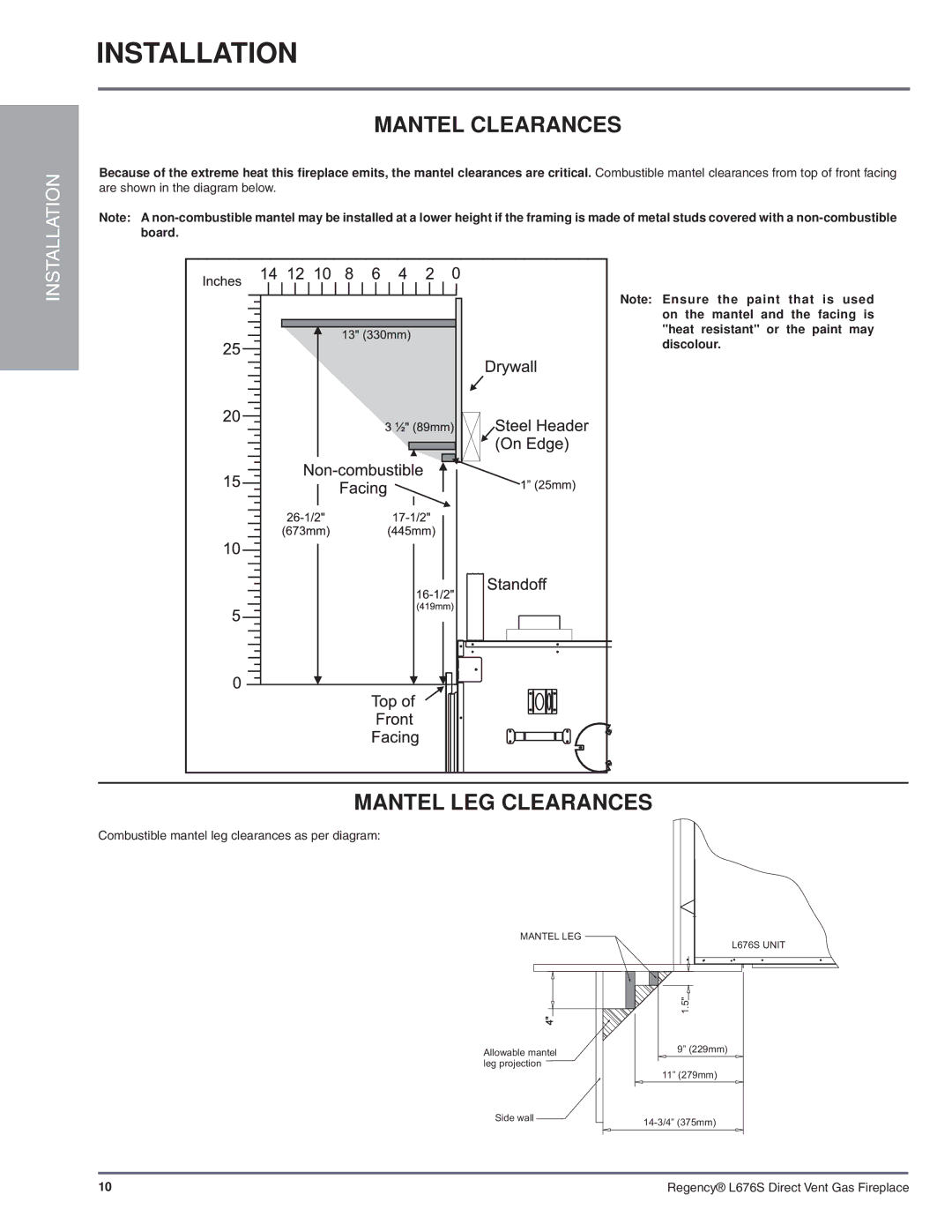 Regency L676S-NG1 installation manual Mantel Clearances, Mantel LEG Clearances 