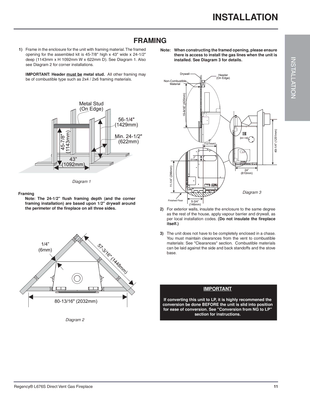 Regency L676S-NG1 installation manual Framing, Installed. See Diagram 3 for details 