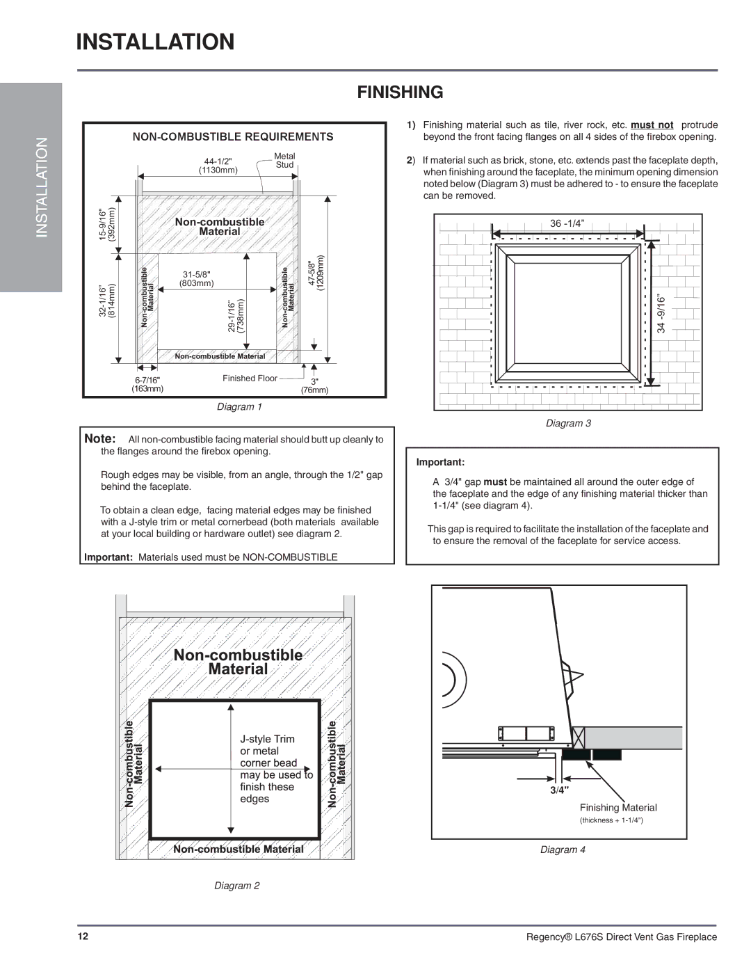 Regency L676S-NG1 installation manual Finishing, Non-combustible, Material 