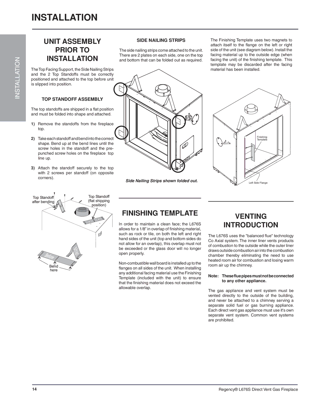 Regency L676S-NG1 installation manual Unit Assembly Prior to Installation, Finishing Template, Venting Introduction 