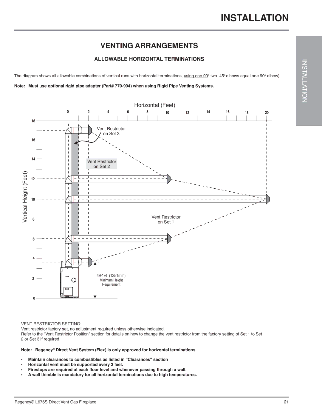 Regency L676S-NG1 installation manual Allowable Horizontal Terminations, Vertical Vent Restrictor On Set 