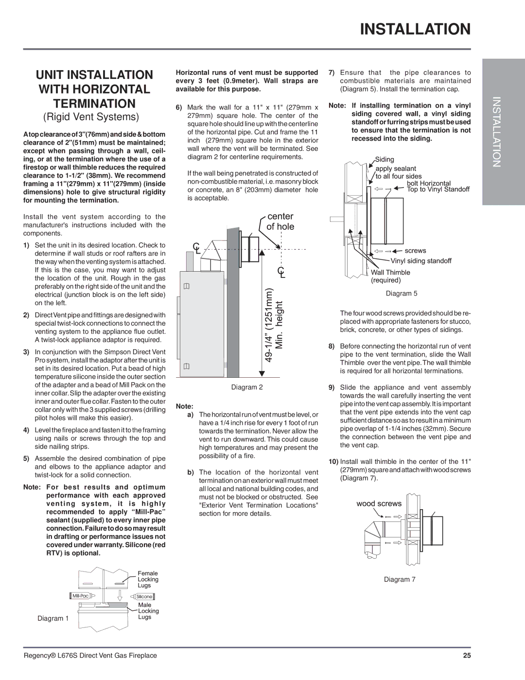 Regency L676S-NG1 installation manual Unit Installation with Horizontal Termination 