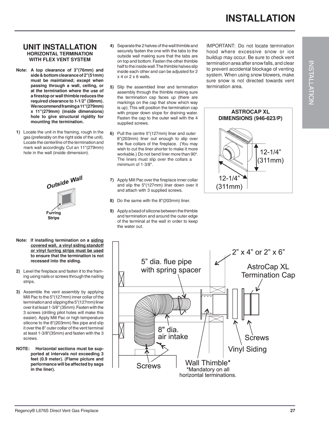 Regency L676S-NG1 installation manual Unit Installation, Astrocap XL 