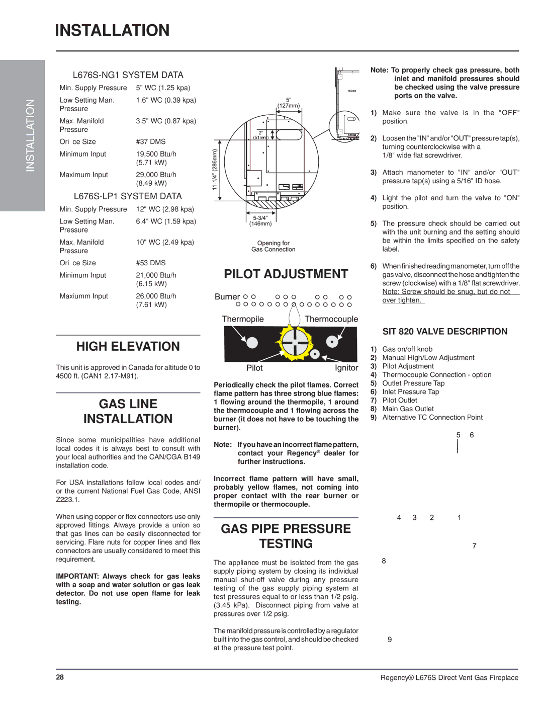 Regency L676S-NG1 installation manual Pilot Adjustment, High Elevation, GAS Line Installation, GAS Pipe Pressure Testing 