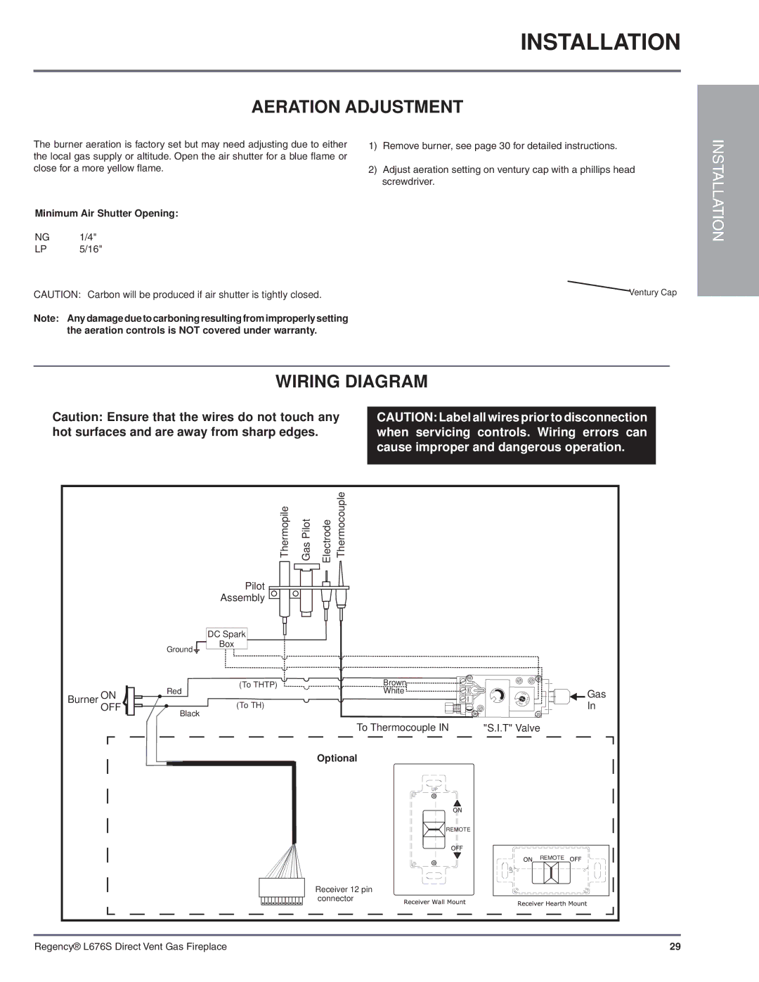 Regency L676S-NG1 installation manual Aeration Adjustment, Wiring Diagram, Minimum Air Shutter Opening, Optional 