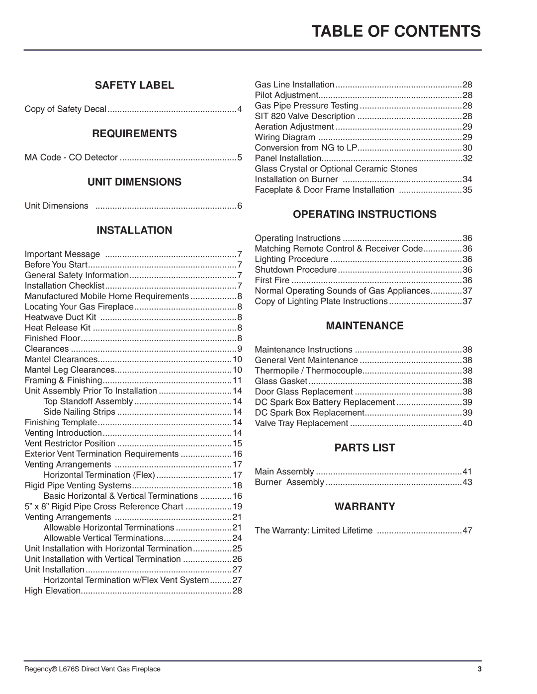 Regency L676S-NG1 installation manual Table of Contents 