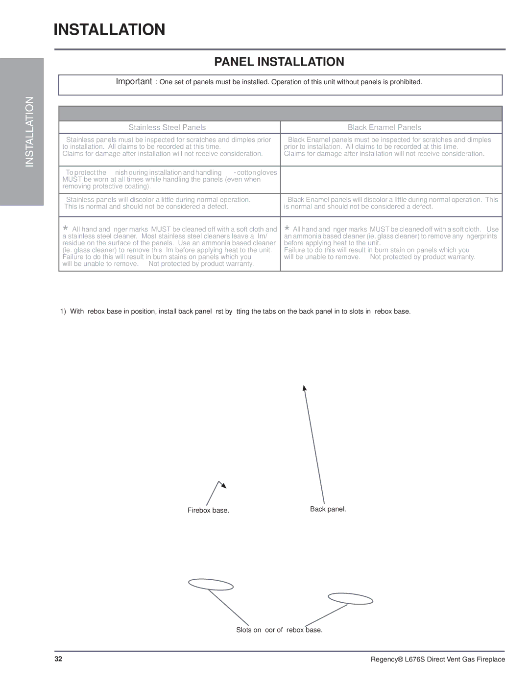 Regency L676S-NG1 installation manual Panel Installation, Stainless Steel Panels Black Enamel Panels, Firebox base 