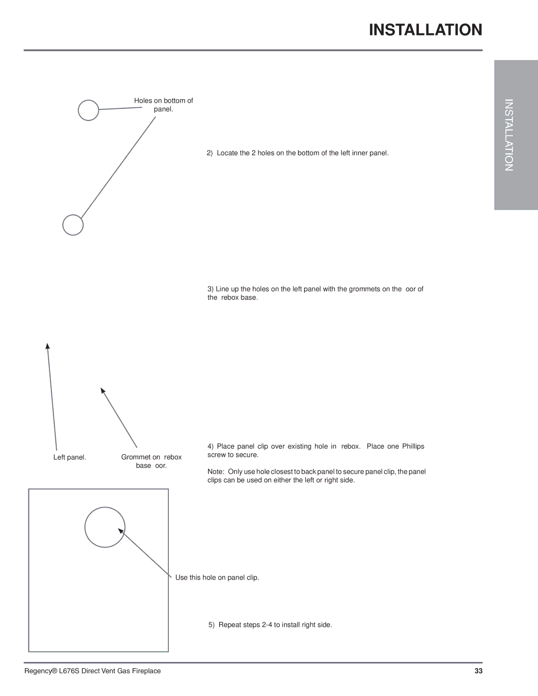 Regency L676S-NG1 installation manual Holes on bottom Panel, Left panel, Use this hole on panel clip 