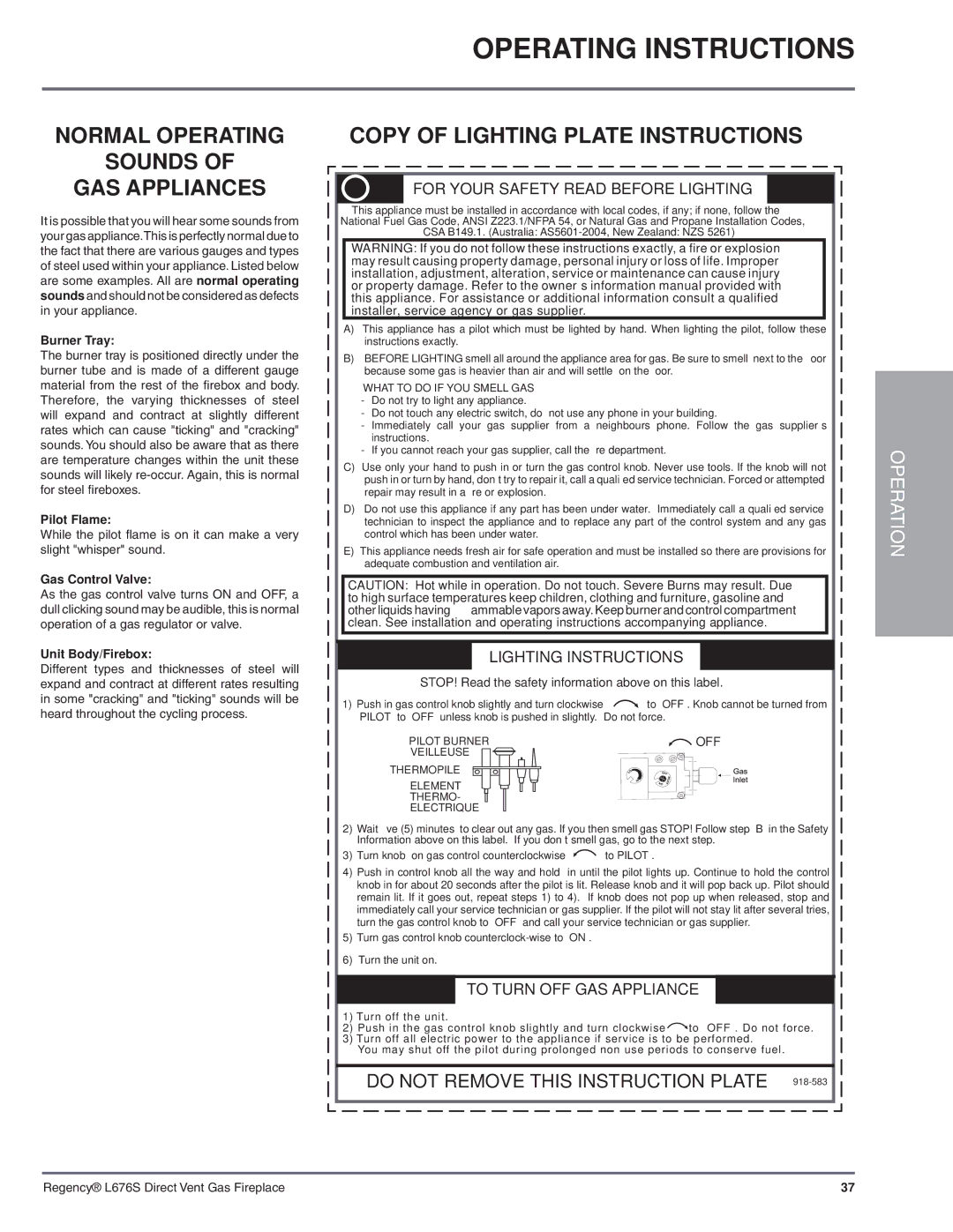 Regency L676S-NG1 Normal Operating Sounds GAS Appliances, Copy of Lighting Plate Instructions, Lighting Instructions 