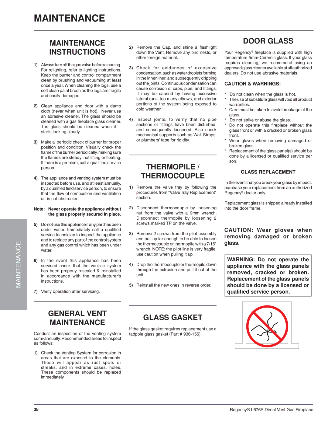 Regency L676S-NG1 installation manual Maintenance 