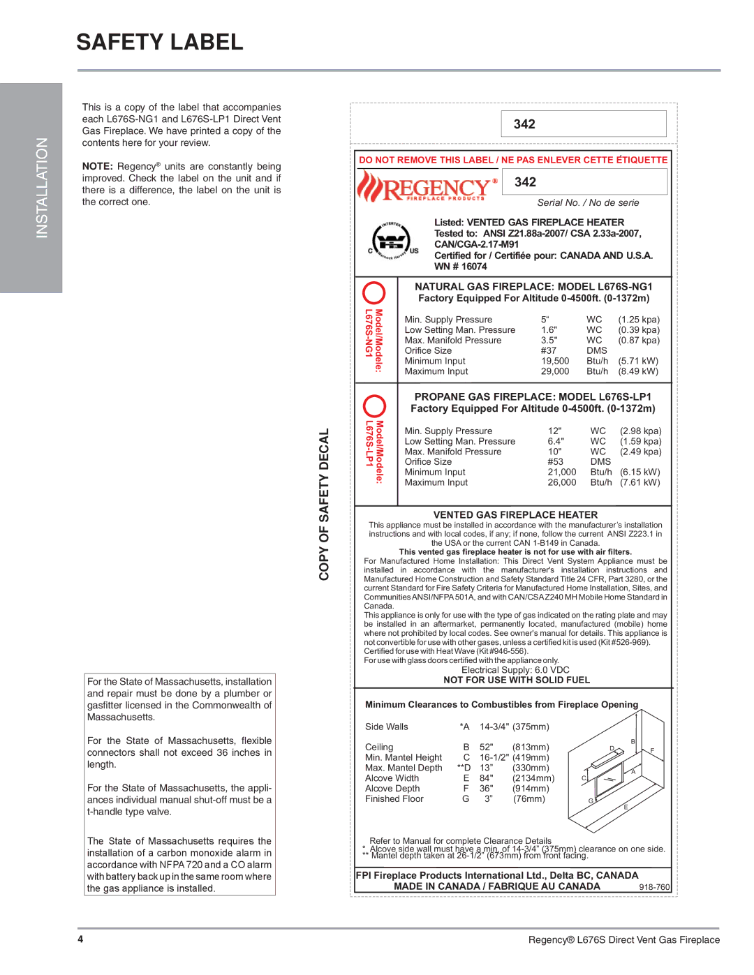 Regency L676S-NG1 installation manual Safety Label, Copy of Safety Decal, Serial No. / No de serie 