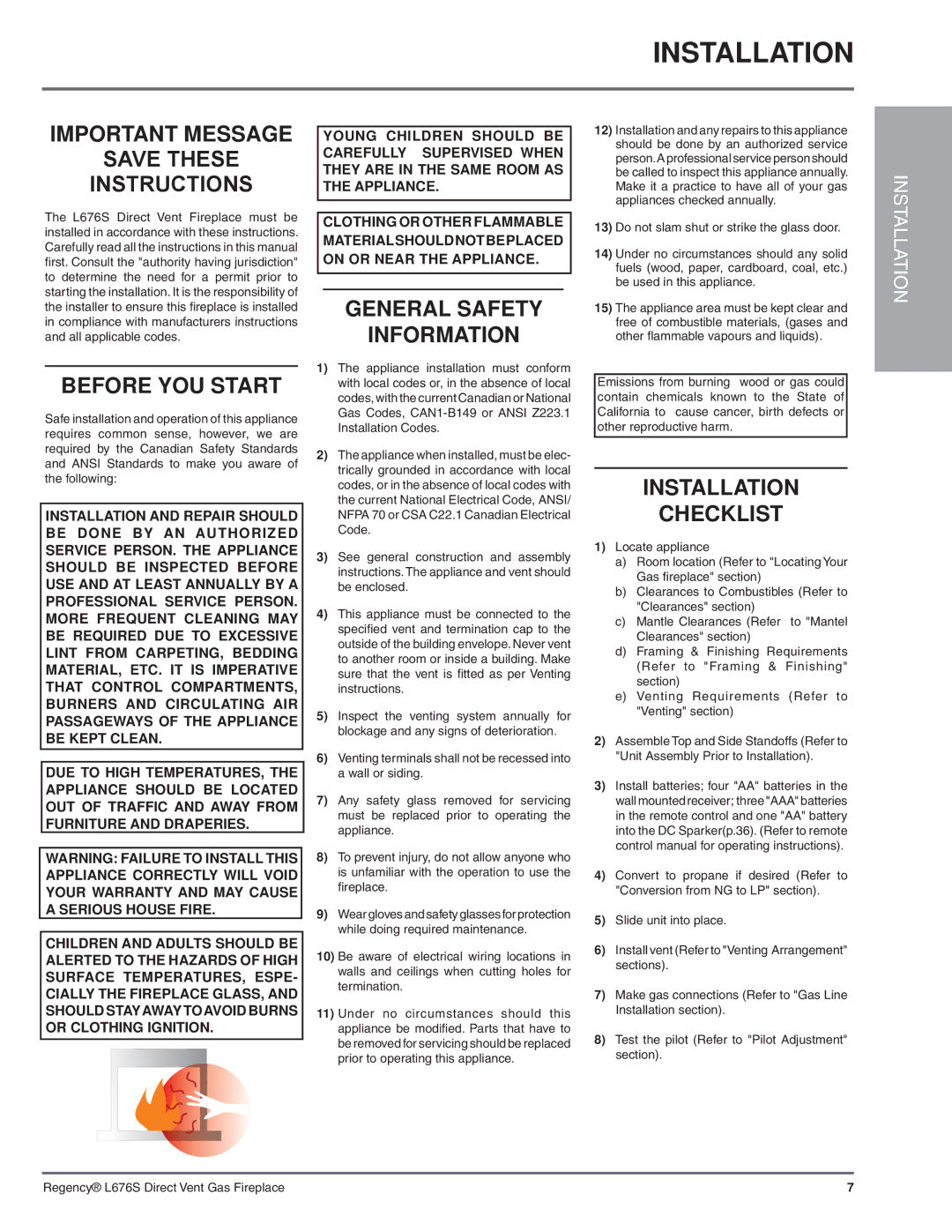 Regency L676S-NG1 Installation, Important Message Save These Instructions, Before YOU Start, General Safety Information 