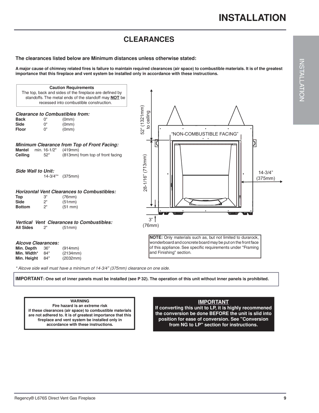 Regency L676S-NG1 installation manual Clearances 