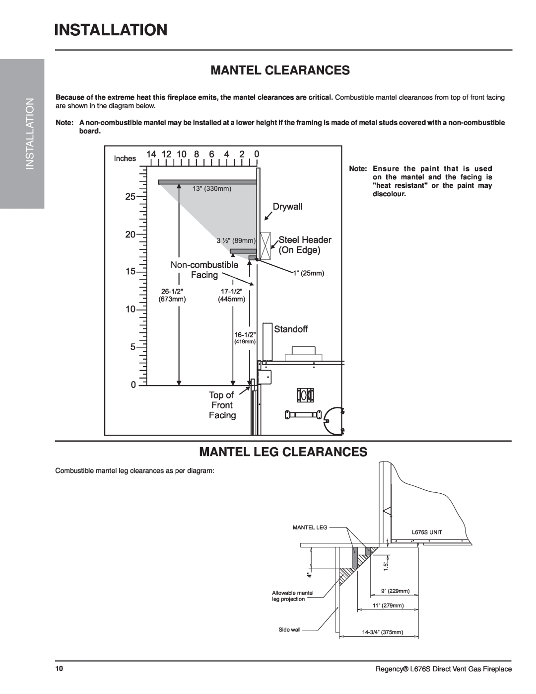 Regency L676S-NG1 installation manual Installation, Mantel Clearances, Mantel Leg Clearances 