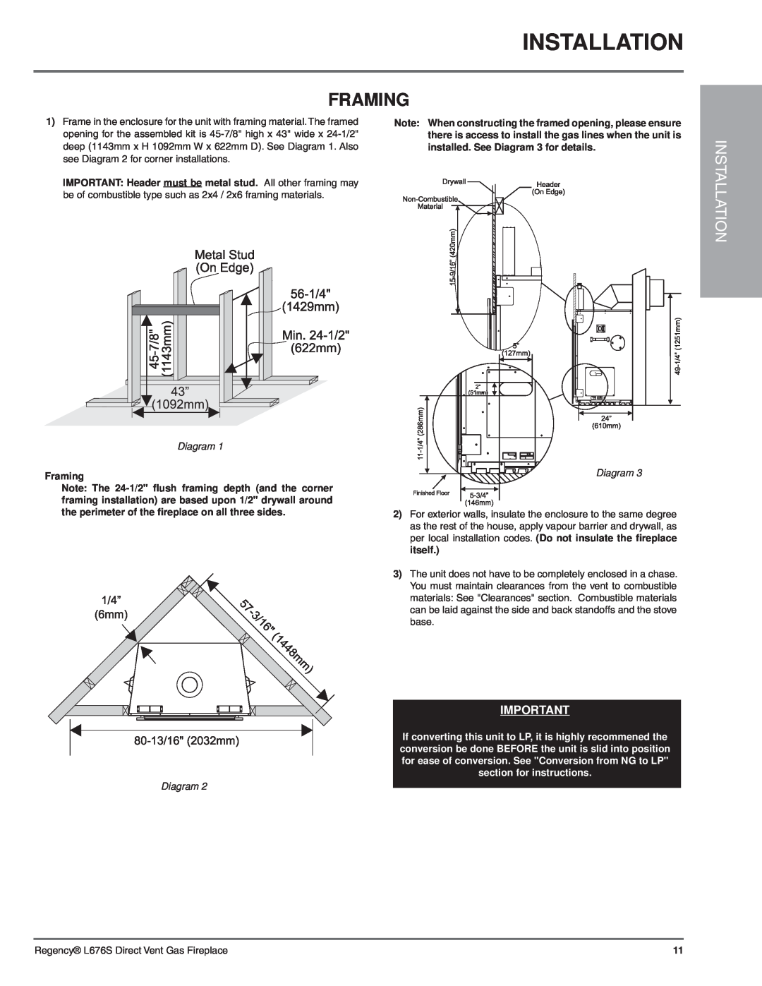 Regency L676S-NG1 installation manual Installation, Framing, Diagram 