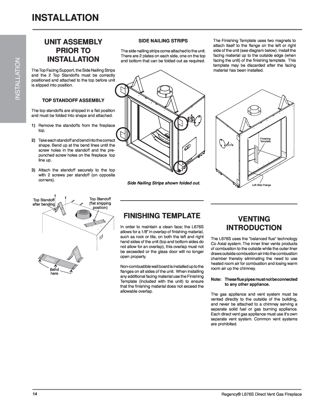 Regency L676S-NG1 installation manual Unit Assembly Prior To Installation, Finishing Template, Venting Introduction 