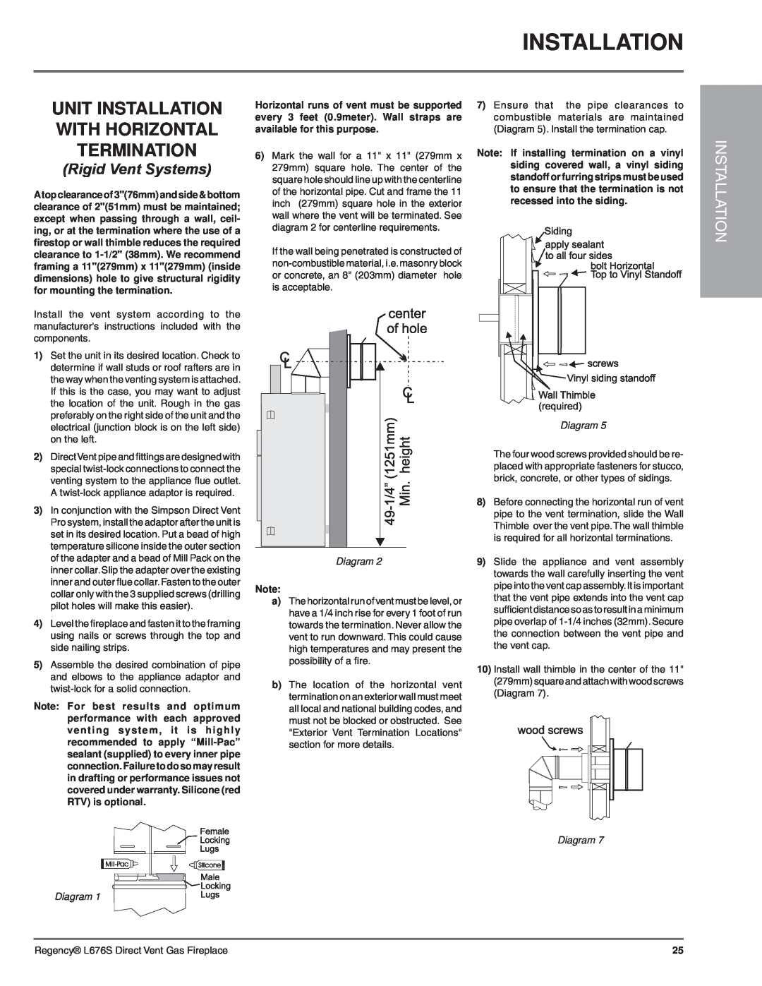 Regency L676S-NG1 Unit Installation With Horizontal Termination, Rigid Vent Systems, Diagram Diagram 