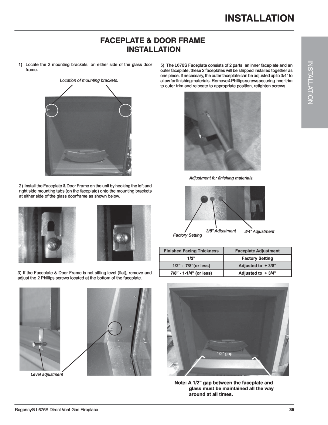 Regency L676S-NG1 Faceplate & Door Frame Installation, Location of mounting brackets, Level adjustment, 3/8 Adjustment 