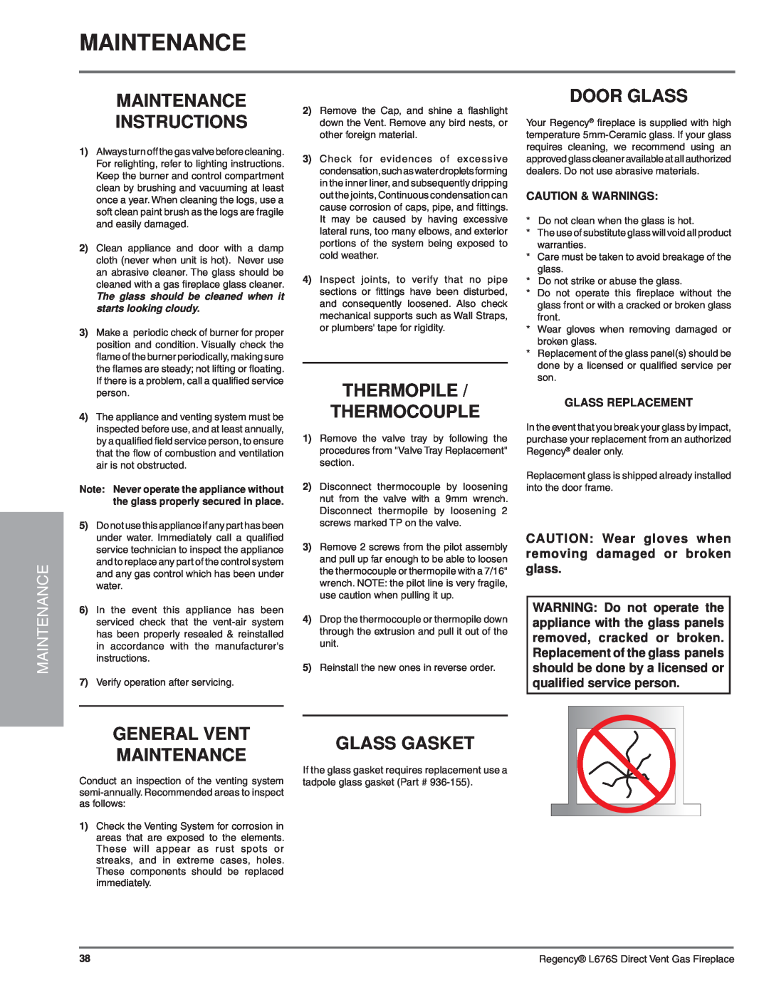 Regency L676S-NG1 Maintenance Instructions, Thermopile Thermocouple, Door Glass, General Vent Maintenance 