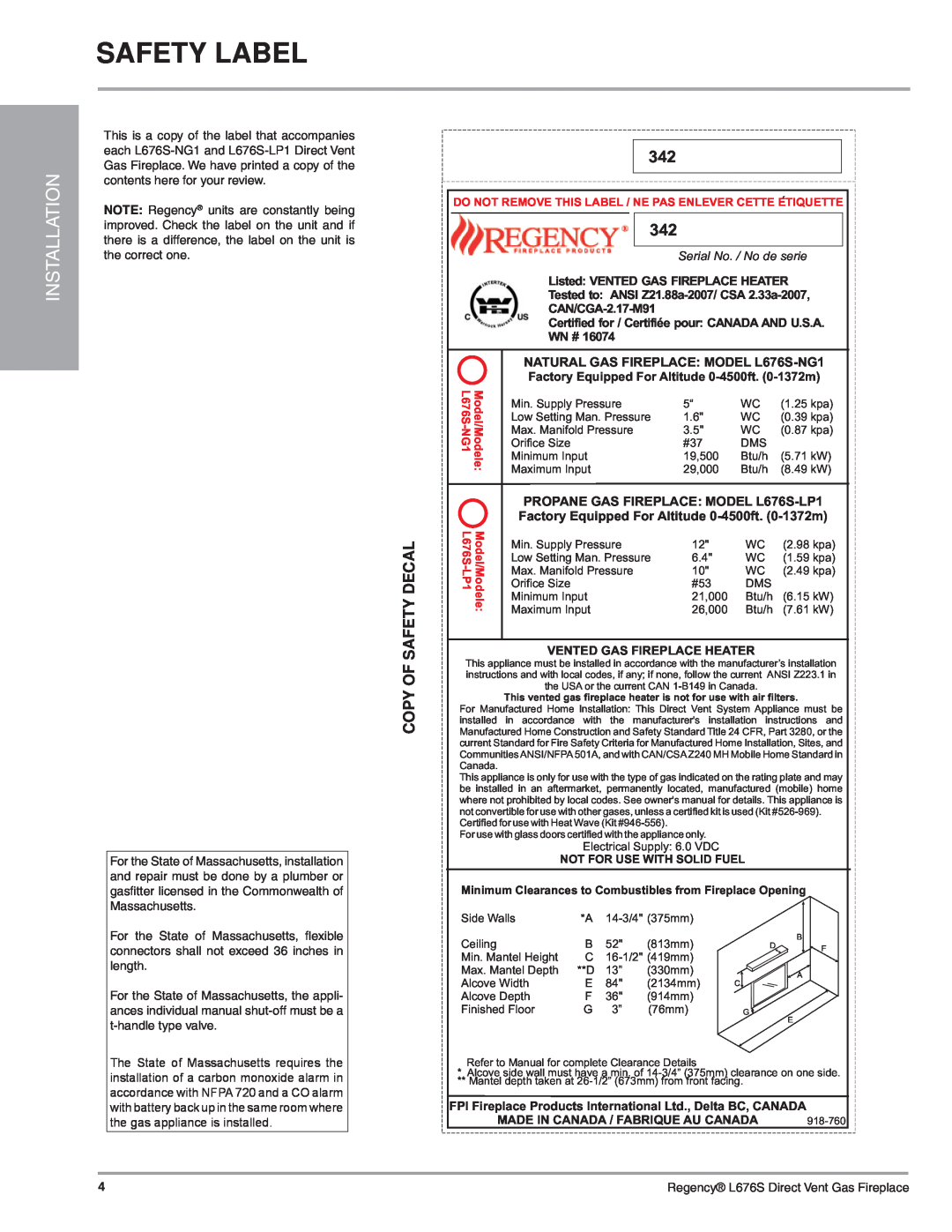 Regency L676S-NG1 installation manual Safety Label, Installation, Serial No. / No de serie 