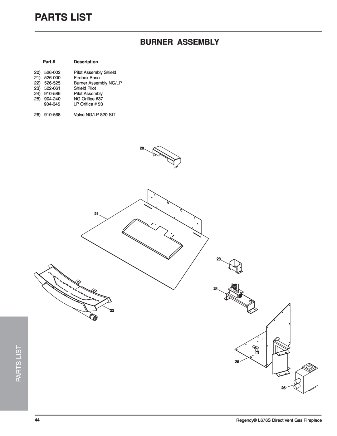 Regency L676S-NG1 installation manual Parts List, Burner Assembly, Description 