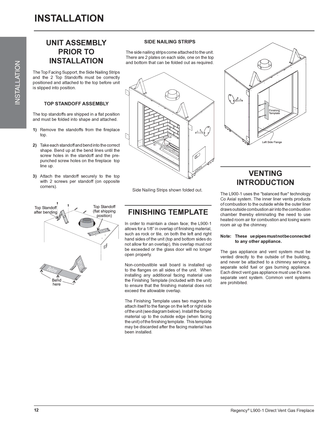 Regency L900-1 installation manual Unit Assembly Prior to Installation, Finishing Template, Venting Introduction 