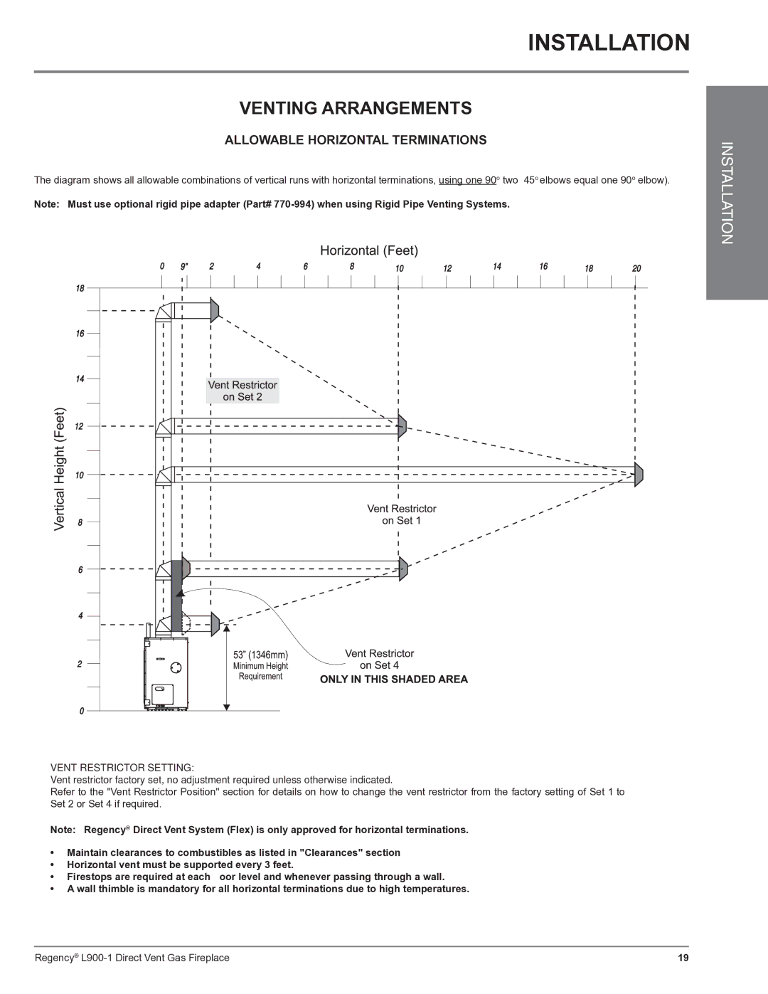 Regency L900-1 installation manual Allowable Horizontal Terminations, Vent Restrictor Setting 