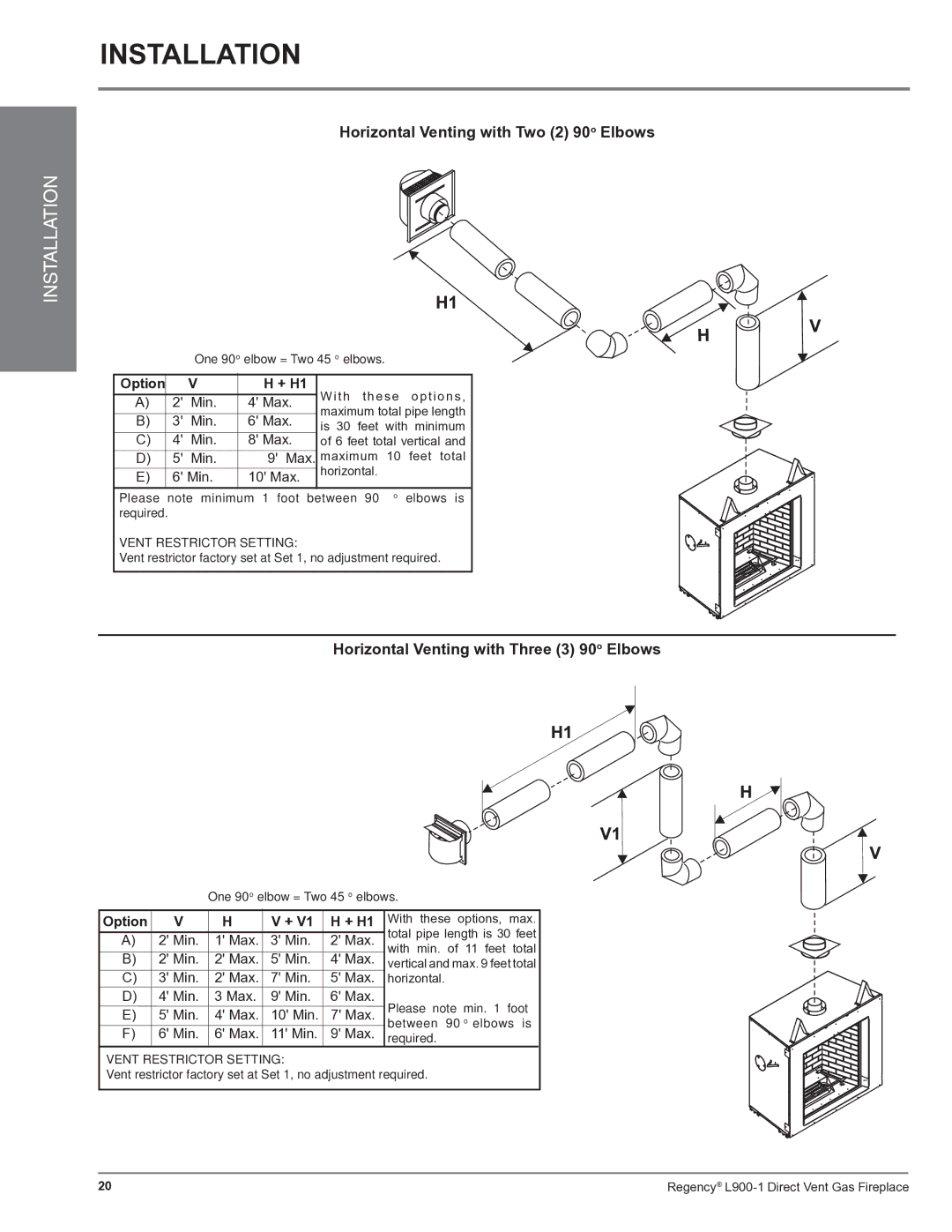 Regency L900-1 installation manual Horizontal Venting with Two 2 90o Elbows 