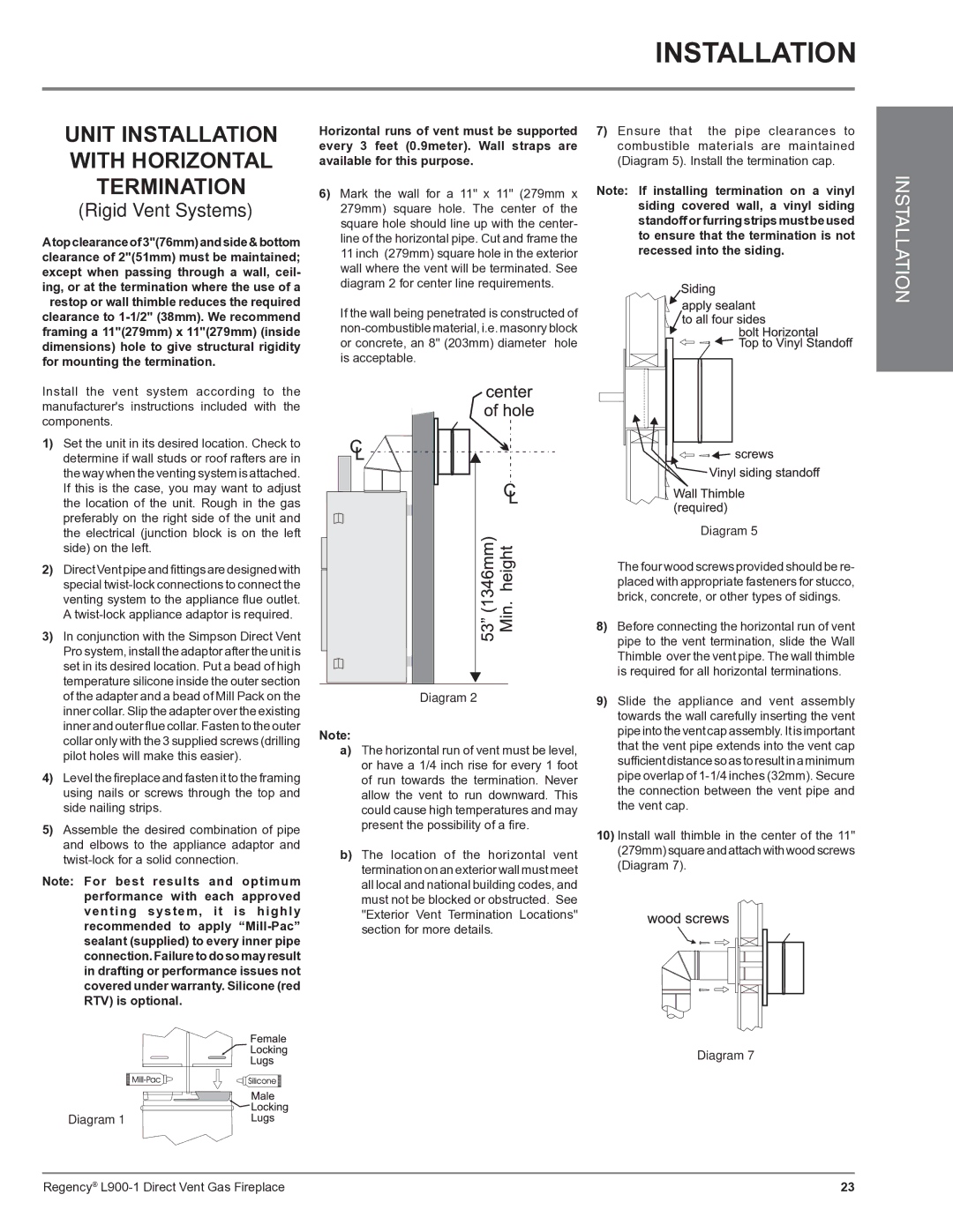 Regency L900-1 installation manual Unit Installation with Horizontal Termination 