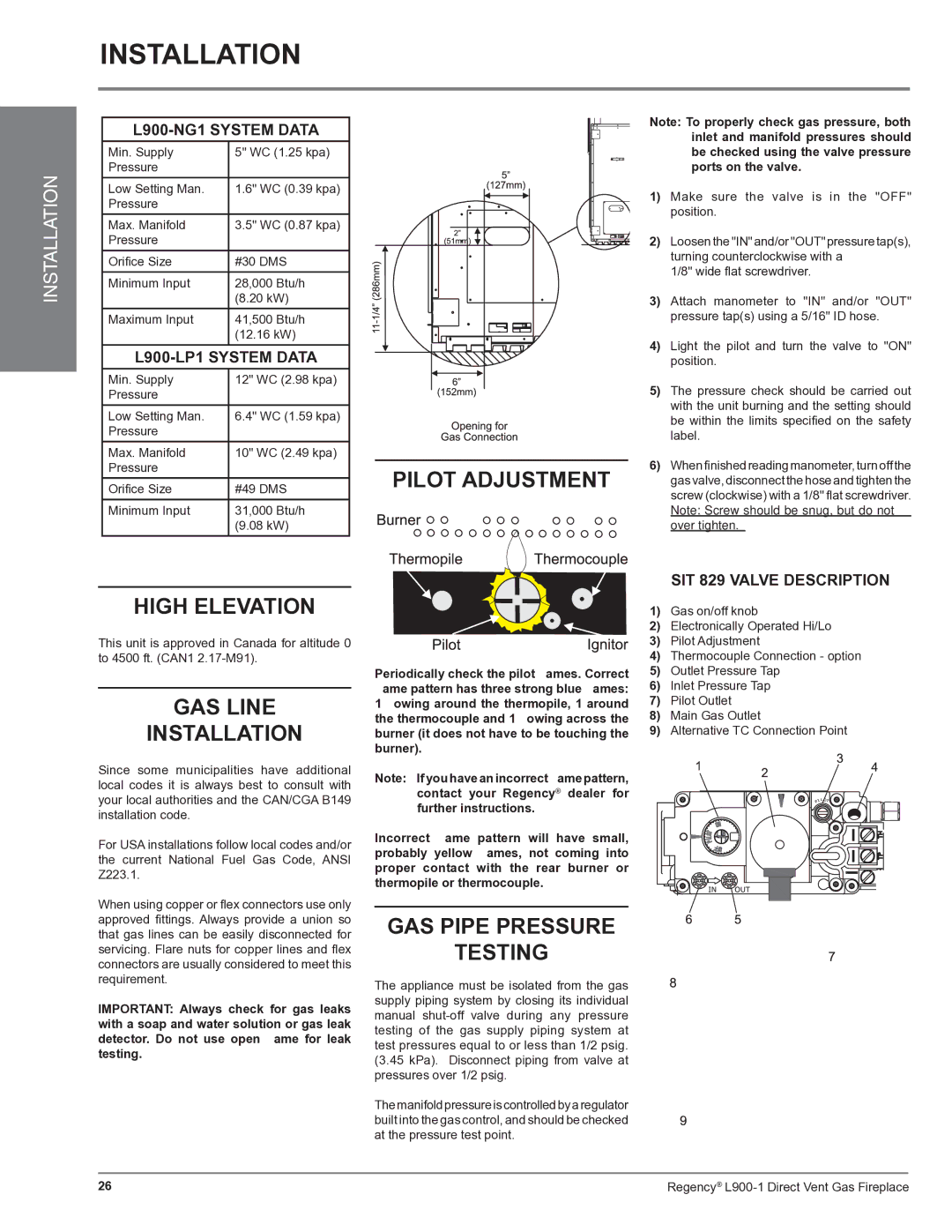 Regency L900-1 installation manual Pilot Adjustment, High Elevation, GAS Line Installation, GAS Pipe Pressure Testing 