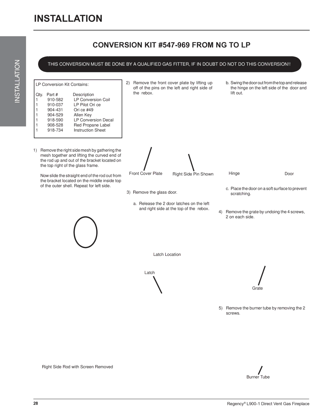 Regency L900-1 Conversion KIT #547-969 from NG to LP, LP Conversion Kit Contains Qty Description, HingeDoor 