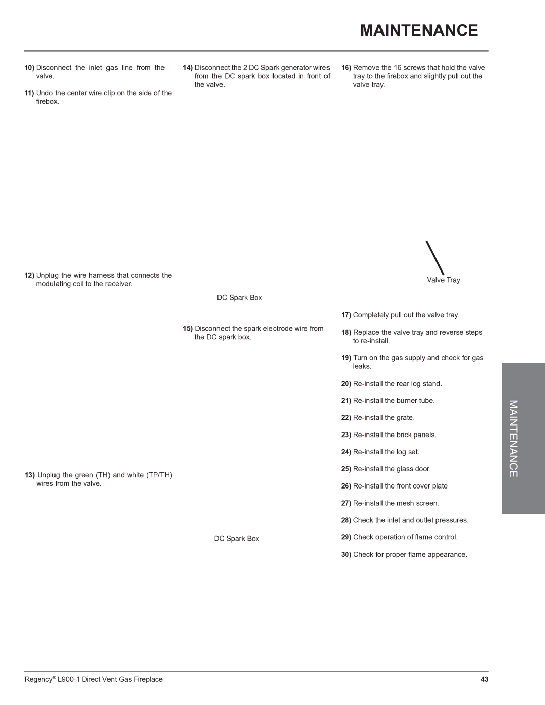 Regency L900-1 installation manual Valve Tray, Check operation of ﬂame control 