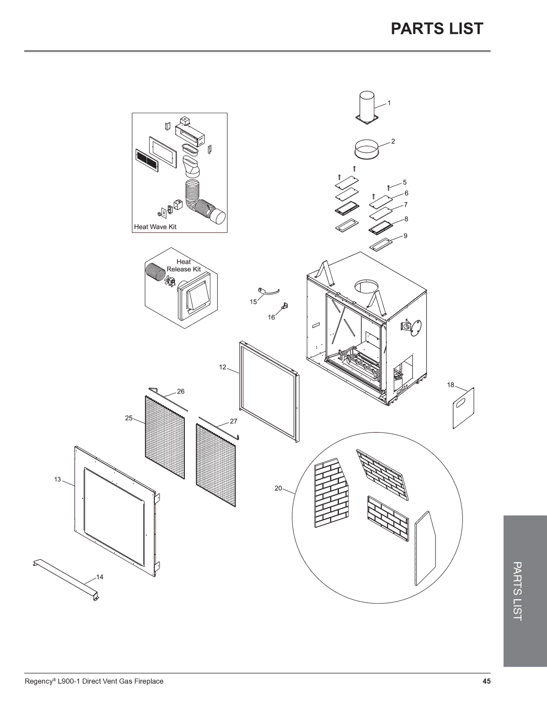 Regency L900-1 installation manual Parts List 