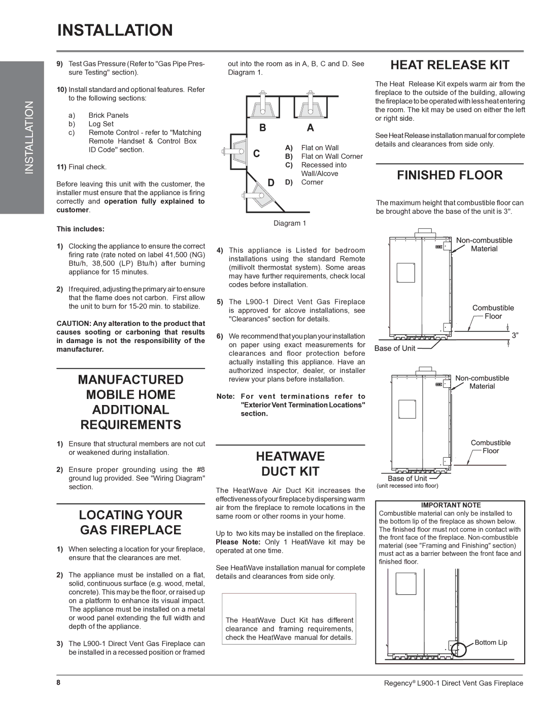 Regency L900-1 Manufactured Mobile Home Additional Requirements, Heatwave Duct KIT Heat Release KIT, Finished Floor 