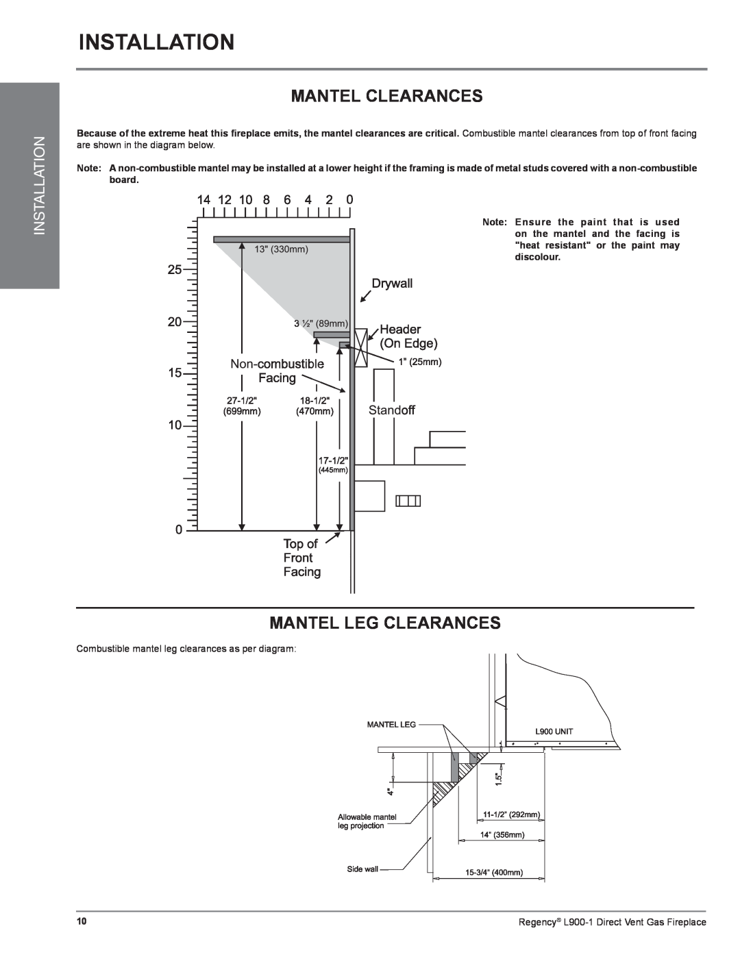 Regency L900-1 installation manual Installation, Mantel Clearances, Mantel Leg Clearances 
