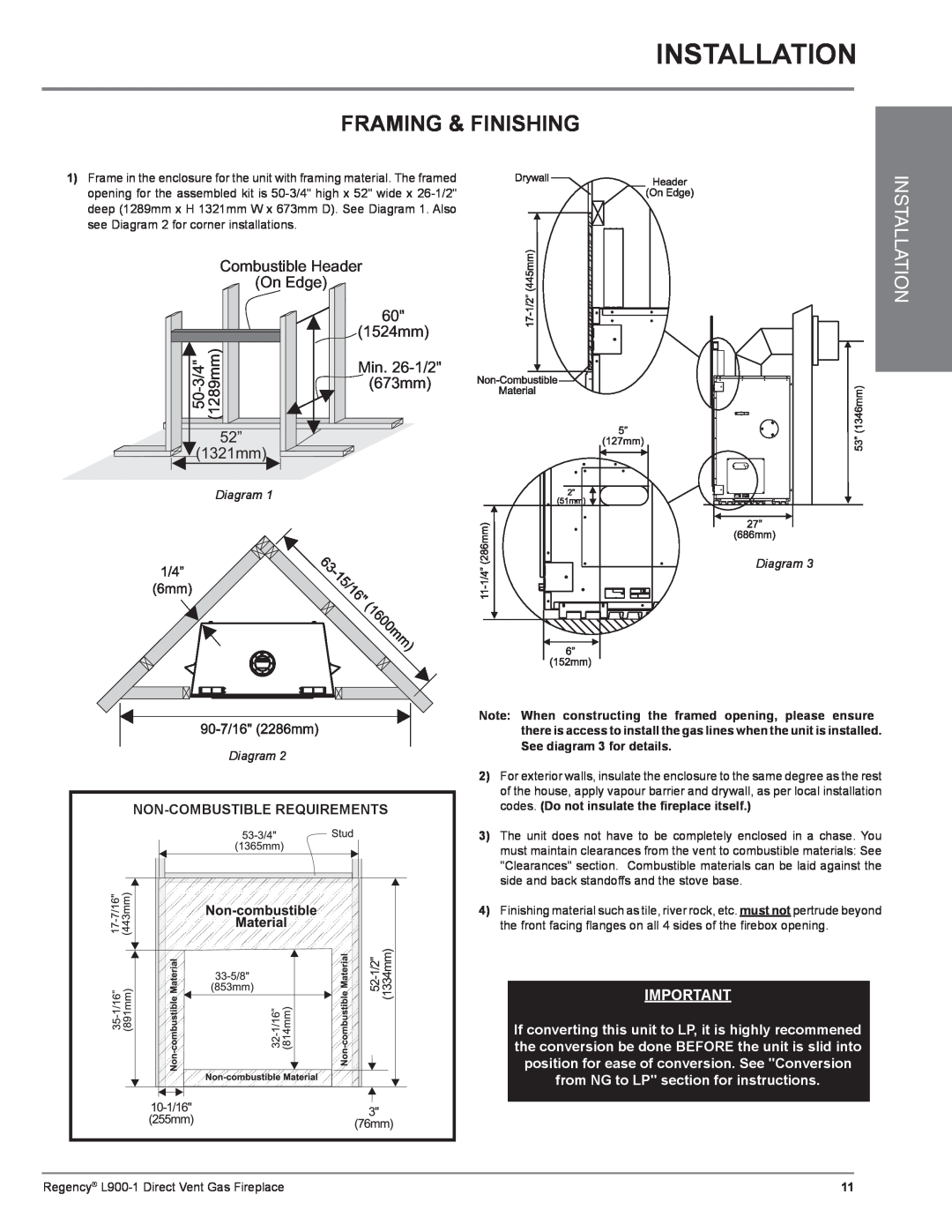 Regency L900-1 installation manual Installation, Framing & Finishing, Diagram 