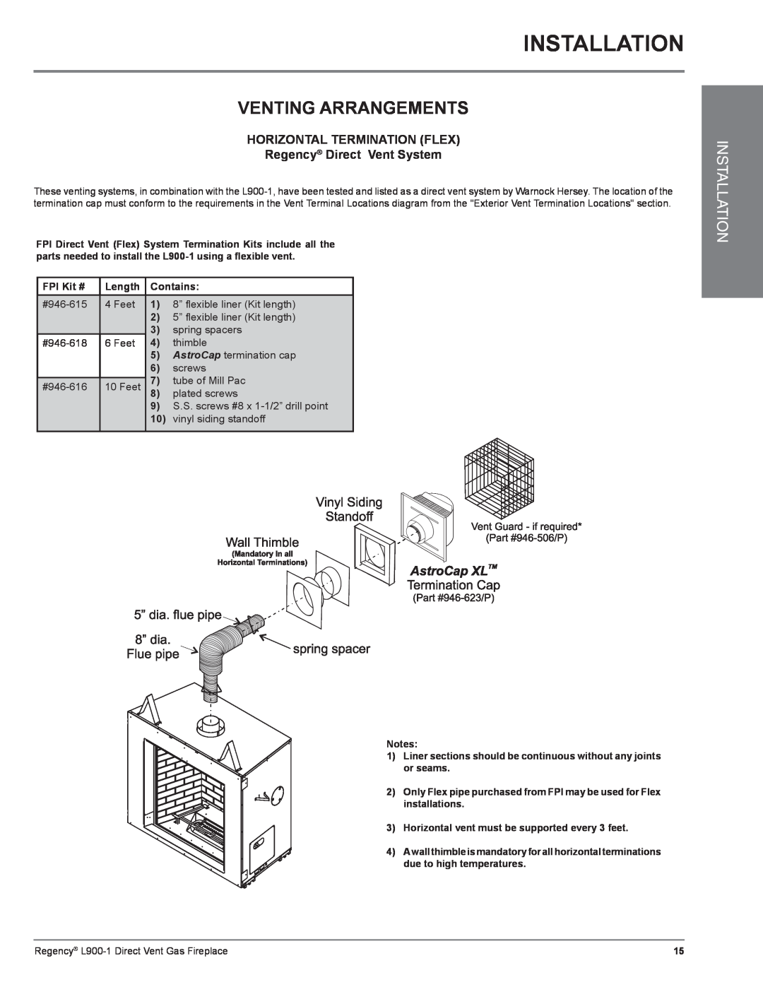 Regency L900-1 installation manual Installation, Venting Arrangements, FPI Kit #, Length, Contains, Notes 