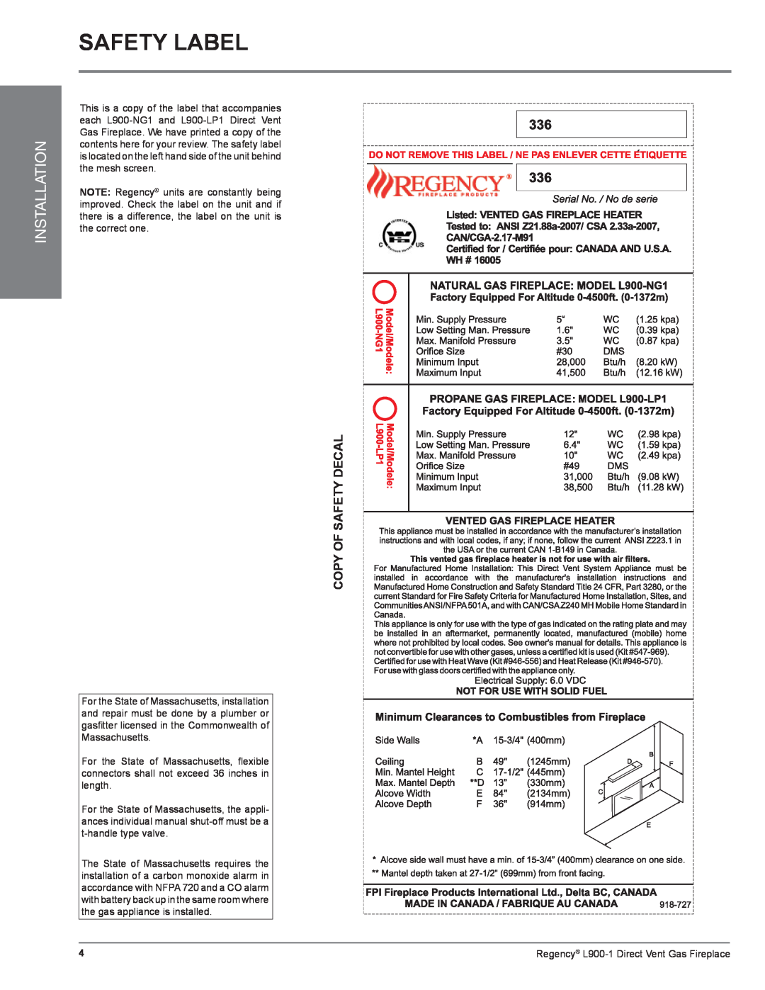 Regency L900-1 installation manual Safety Label, Installation 