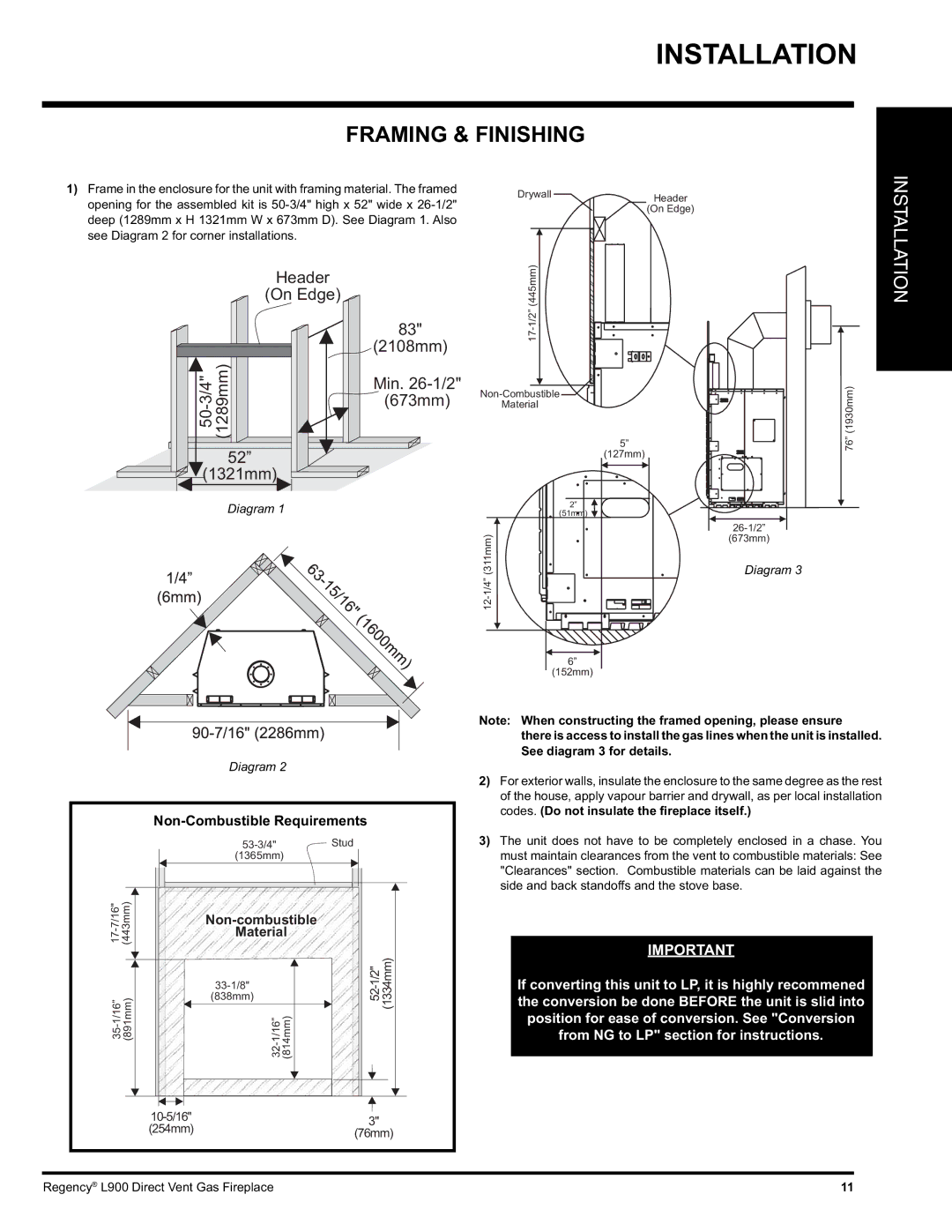 Regency L900-NG, L900-LP installation manual Framing & Finishing, Diagram, Material 